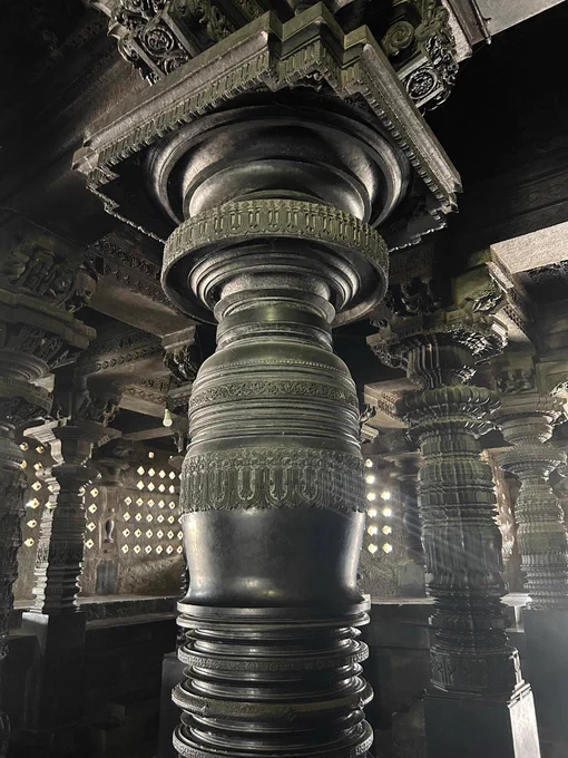 Beautifully carved pillars at Chennakesava temple, Belur