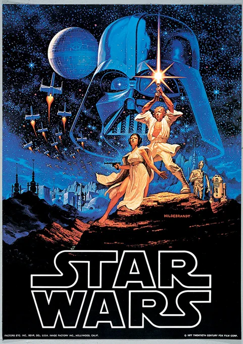 Artist Greg Hildebrandt and his brother Tim's Iconic blue film poster for Star Wars from 1977.

The painting features Luke Skywalker holding up his lightsaber with Princess Leia to the left of him.  In the background you see C-3PO and R2-D2 and in the distance is Mos Eisley. The top half of the background features Darth Vader's iconic helmet with a squadron of X-wings flying towards the Death Star.