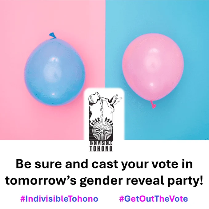 A photo of a blue balloon on a pink background and a pink balloon on a blue background.  Indivisible logo inset between the two.  Text below reads "Be sure and cast your vote in tomorrow’s gender reveal party!" Embedded hashtags include: #IndivisibleTohono #GetOutTheVote [with letters alternating between blue and pink colors]