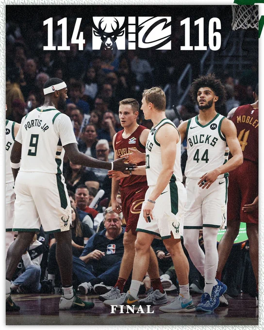 A photo of Bobby Portis, AJ Green, and Andre Jackson Jr. high-fiving on the court. Text on the image reads, "Bucks 114, Cavs 116. Final."