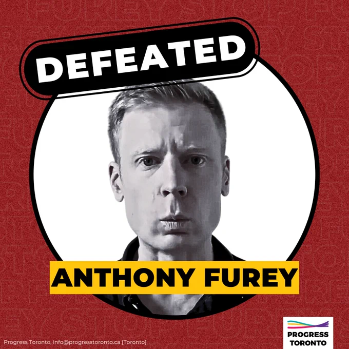 Red background with black and white photo of Anthony Furey with the word "Defeated" on top