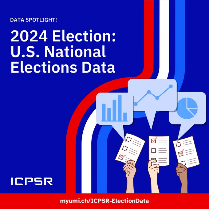 Red, white, and blue image with an illustration of three hands holding ballots with thought bubbles above them with data related images.