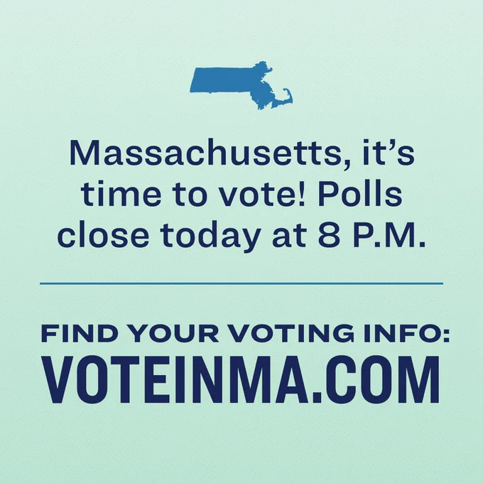 An icon of the state of Massachusetts, with text below that says "Massachusetts, it's time to vote! Polls close today at 8 P.M. Find your voting info: VoteinMA.com"