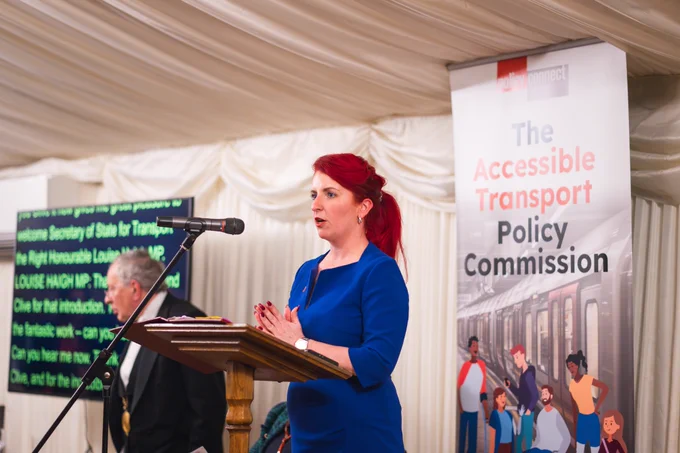 Secretary of State for Transport, Louise Haigh MP, delivers the keynote speech at the Accessible Transport Policy Commission's reception.