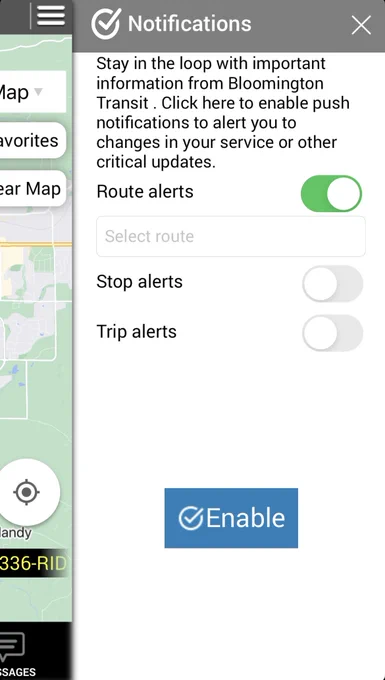 Notifications menu of the SPOT app with "Route alerts" turned on
