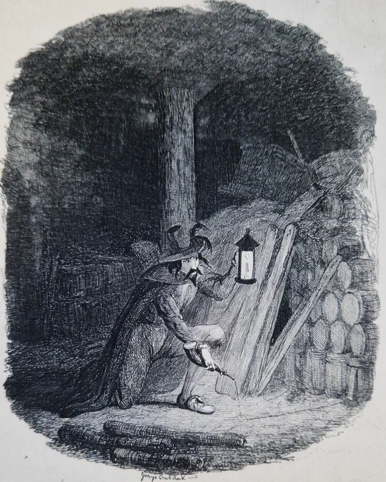 Guy Fawkes, conspirator against King and Parliament, crouches down in the dark basements below the Houses of Parliament. Holding up a lamp in the gloom he lays a trail of gunpowder leading to barrels of explosives piled high.

Have a happy bonfire night!

Guy Fawkes in the crypt of the Houses of Parliament laying the powder fuse to barrels of gunpowder. Etching by G. Cruikshank, ca. 1841. Reference: 3006308i