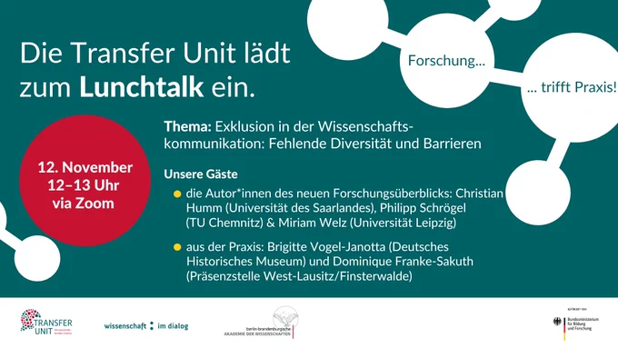 Die Transfer Unit lädt zum Lunchtalk ein. Thema: Exklusion in der Wissenschaftskommunikation: Fehlende Diversität und Barrieren. Unsere Gäste: die Autor*innen des neuen Forschungsüberblicks: Christian Humm (Universität des Saarlandes), Philipp Schrögel
(TU Chemnitz) & Miriam Welz (Universität Leipzig). aus der Praxis: Brigitte Vogel-Janotta (Deutsches Historisches Museum) und Dominique Franke-Sakuth (Präsenzstelle West-Lausitz/Finsterwalde)
12. November, 12–13 Uhr, via Zoom. 