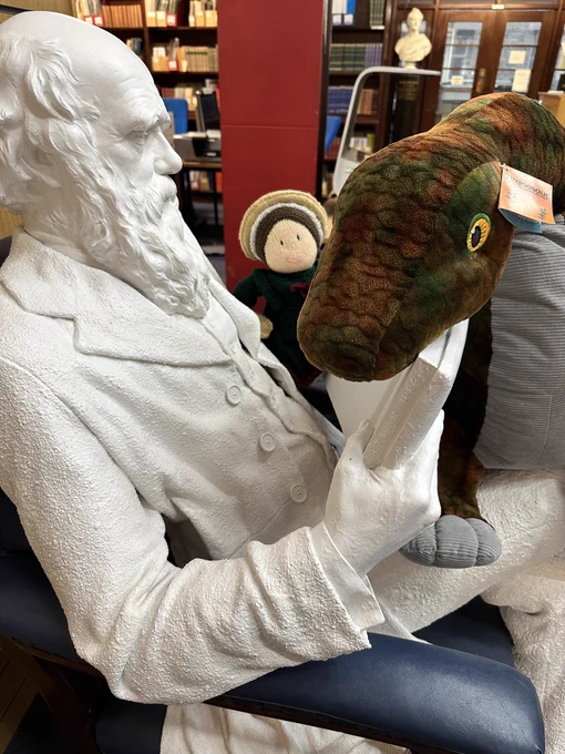 Sideways view of a seated life sized model of Charles Darwin, he is reading a book. Placed on his knee is a large cuddly dinosaur and knitted Mary Anning toy.