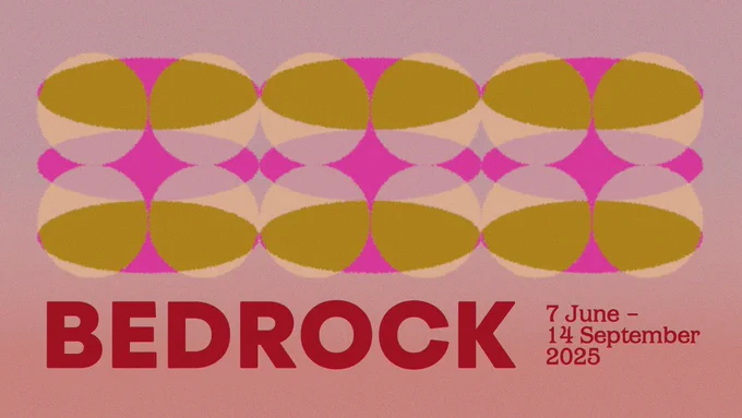 Promotional graphic for BEDROCK Liverpool Biennial featuring a pattern of overlapping abstract shapes in earthy and pink tones. 7 June – 14 September 2025.