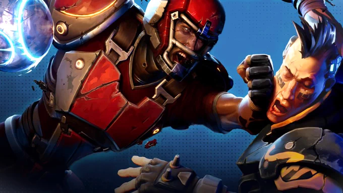 Key art for the new Speedball game from Rebellion. Two American Football-looking characters violently clash, one landing a fist and elbow to the other's face.
