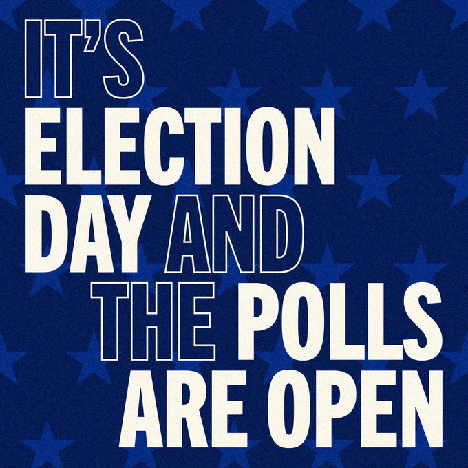 Graphic with the text "It's Election Day and the polls are open" overlaid on a blue starry background.