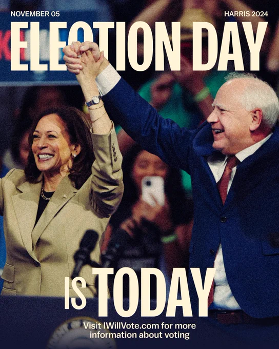 Graphic with pictures of Vice President Harris and Governor Walz. Text reads, "Election Day is Today visit IWillVote.com for more information about voting."