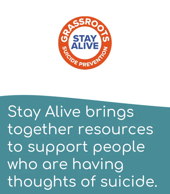 The Stay Alive logo: a simple design with the app name. Text says: The Stay Alive app brings together resources to support people who are having thoughts of suicide.