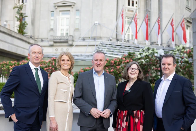 Pictured at the historic Cavanagh Bridge in Singapore are (L-R) Leo Clancy, CEO, Enterprise Ireland; Mary Buckley, Executive Director, IDA Ireland; Economy Minister Conor Murphy; Sarah McGrath, Irish Ambassador to Singapore; and Kieran Donoghue, CEO, Invest NI. 