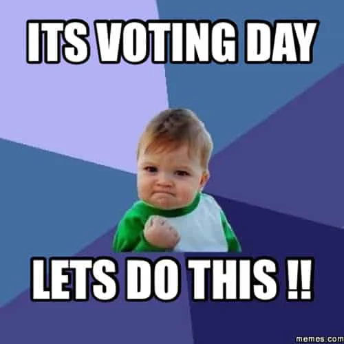 baby with clenched fist [a common meme image known as "success kid"] in the center of pie-shaped wedges of color (all varieties of blue) with the text "ITS VOTING DAY - LETS DO THIS !!"
