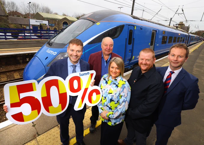 (L-R) Martijn Gilbert, Managing Director at Lumo joined by Dennis Fancett, Chair of local pro-rail campaign group SENRUG, Lyndsey Turner Swift, Deputy VisitEngland Director, Ian Thomas, Chief Operating Officer at NewcastleGateshead Initiative, on behalf of Destination North East England and Cllr Richard Wearmouth, a councillor in Morpeth and Deputy Leader at Northumberland County Council