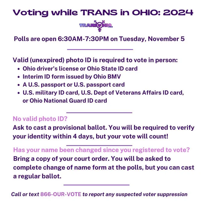 Voting while TRANS in OHIO: 2024

🇺🇸 Polls are open 6:30AM-7:30PM on Tuesday, November 5 🇺🇸 

Valid (unexpired) photo ID is required to vote in person:
• Ohio driver's license or Ohio State ID card
• Interim ID form issued by Ohio BMV
• A U.S. passport or U.S. passport card
• U.S. military ID card, U.S. Dept of Veterans Affairs ID card, or Ohio National Guard ID card

No valid photo ID?
Ask to cast a provisional ballot. You will be required to verify your identity within 4 days, but your vote will count!

Has your name been changed since you registered to vote?
Bring a copy of your court order. You will be asked to complete change of name form at the polls, but you can cast a regular ballot.

Call or text 866-OUR-VOTE to report any suspected voter suppression!

For more information on your polling location, eligibility and requirements, and your sample ballot, visit: https://ohiosos.gov/elections/voters

Having ID that doesn’t match your gender identity or presentation should not a