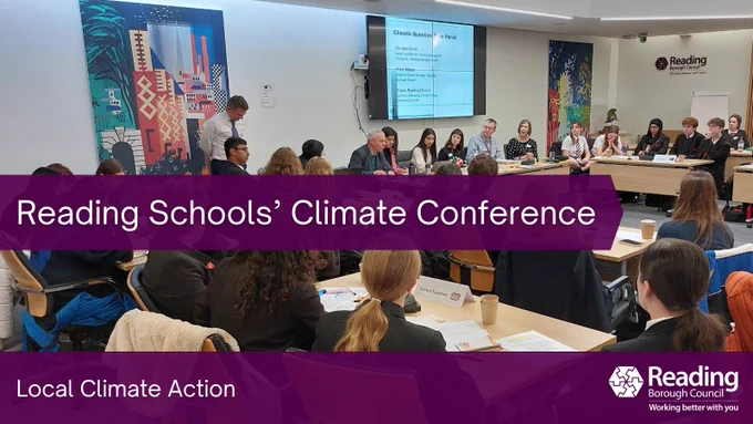 Students in the Council Chamber taking part in the Schools' Climate Conference in 2023.