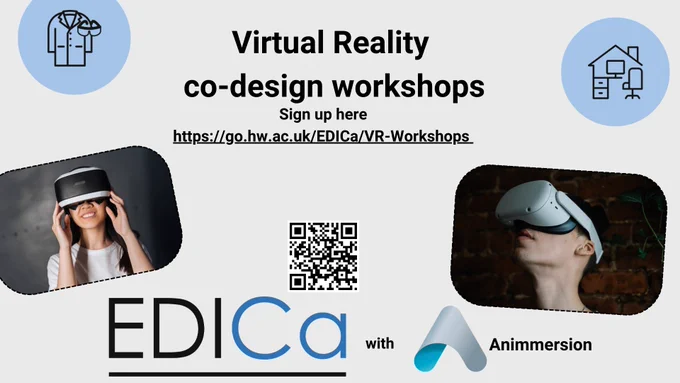 Poster with two photos of people wearing virtual reality headsets. Virtual Reality co-design workshops - sign up here. EDICa logo with Animmersion logo. 