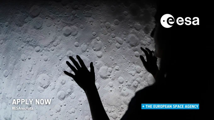 Banner promoting the 2025 ESA internship opportunities. The banner reads "Apply now. #ESArecruits. The European Space Agency". In the background we see the silhouette of a person exploring an astronomical image of a cratered surface.