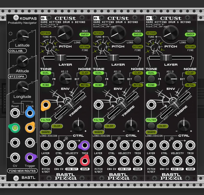 Three virtual Crust drum modules with large layer and timbre faders and pitch, env, and ctrl knobs alongside a Kompas probability navigator, running in VCV Rack.