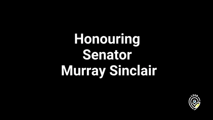 Image description: Graphic with black background and white text that states, "Honouring Senator Murray Sinclair."