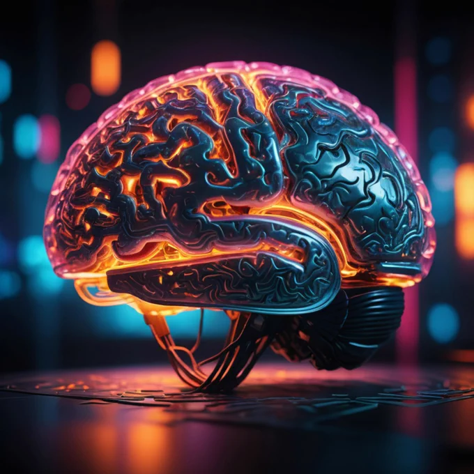 Image of a glowing model of the grain on a table. An orange glow comes from inside and the brain is grey, metallic almost. Wires connect the brain to the table it is placed on.