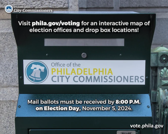 Image of a secure green drop box with the Philadelphia City Commissioners’ logo. Text above the drop box reads: 'Visit phila.gov/voting for an interactive map of election offices and drop box locations!' Below, it states: 'Mail ballots must be received by 8:00 P.M. on Election Day, November 5, 2024.' The URL vote.phila.gov is displayed in the bottom right corner.