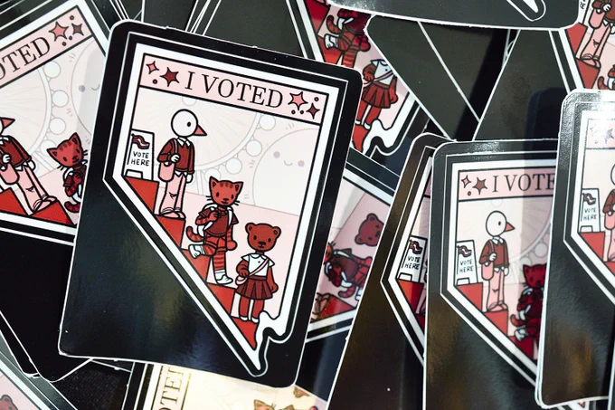Illustrations of animal figures in a voting scene, featuring the text "I VOTED."