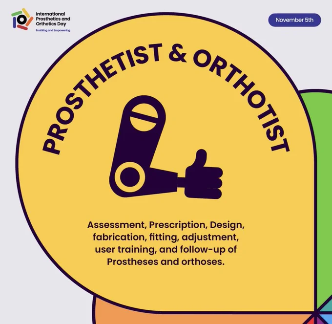 Image of an upper limb prosthesis with the words prosthetist and Orthotist including information in what we do: assessment, prescription, design,,fabrication, fitting adjustment, user training, and follow up on prostheses and orthoses