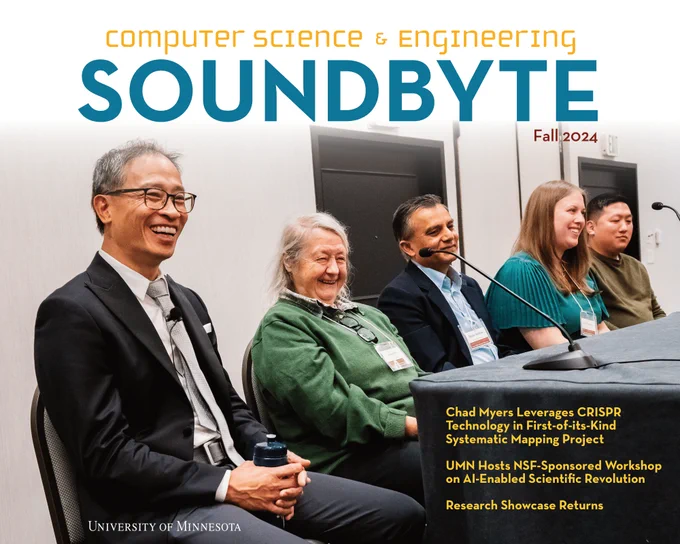 Cover of Soundbyte Magazine for Fall 2024. Five Computer Science & Engineering faculty are on the cover sitting at a table and smiling at something out of view of the camera. In the bottom right corner, several headlines of news items included in the magazine are listed.