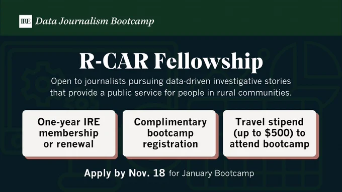 Promotional graphic with navy teal background and graphics of computer/gear/spreadsheet. Header on left has IRE logo and “Data Journalism Bootcamp.”

Main text reads:
R-CAR Fellowship
Open to journalists pursuing data driven investigative stories that provide a public service for people in rural communities.

Three different text boxes read:
One-year IRE membership or renewal
Complimentary bootcamp registration
Travel stipend (up to $500) to attend bootcamp

Apply by Nov. 18 for January Bootcamp