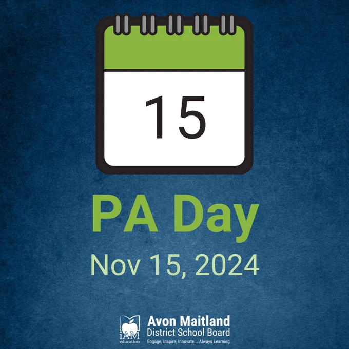 Navy background. Calendar page reading 15. PA Day Nov 15, 2024. AMDSB logo