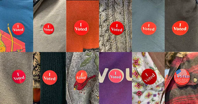 A variety of I Voted stickers on a variety of shirts worn by members of the Leder Games studio team