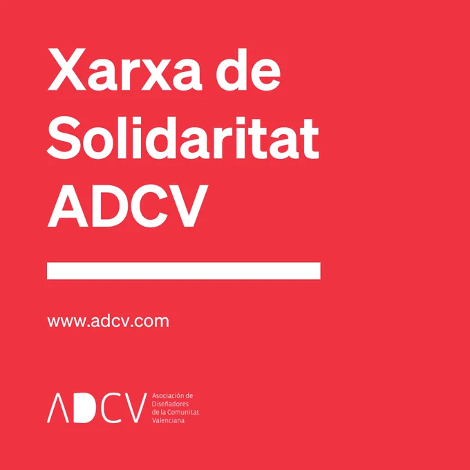 cartel con fondo de color rojo intenso. En letras blancas está escrito xarxa de solidaritat adcv. Debajo, el link a la página web www.adcv.com y el logotipo de la ADCV
