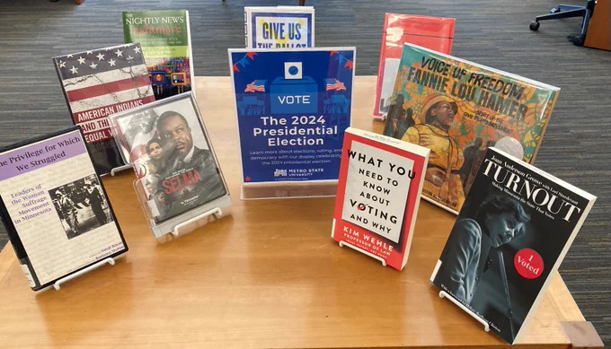Photo of a library book display with titles on elections and voting.