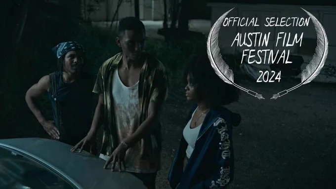 It is a photo from the film with the title on the right, "Official selection Austin Film Festival 2024." Then, on the left is a boy wearing a black bandana on his head and a black tank top. In the middle is another boy wearing a dark green and cream button-opened shirt with a white tee shirt covered in dirt, and he is looking at the girl on the right. She is wearing a white shirt with a blue jacket. Courtesy of Josh Bowlin.