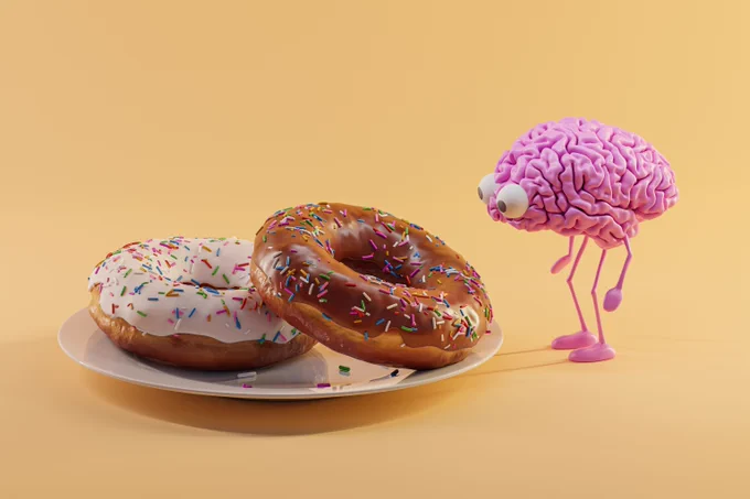 A photo of a brain with eyes and a body staring at two donuts on a plate