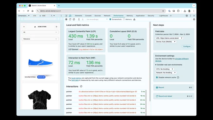 For the first time, all of your Core Web Vitals metrics are available in the Performance panel. Open up the Performance panel and you'll immediately see how your local experience performs—no recording necessary.