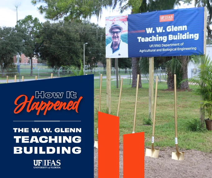 A graphic that features a photo of dedication signage for the W.W. Glenn Teaching Building at the University of Florida and ceremonial shovels in the ground, symbolizing a groundbreaking event. A graphic overlay reads "How it Happened - The W.W. Glenn Teaching Building". 
