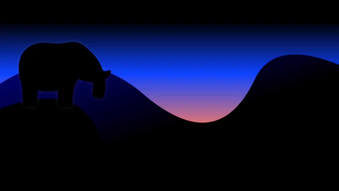 Silhouette of an elephant against a rolling hillscape, with a deep sunset 
