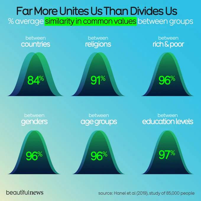 An infographic titled 'Far More Unites Us Than Divides Us' showing the percentage similarity in common values between different groups. Six bell curves display high similarities: 84% between countries, 91% between religions, 96% between rich & poor, 96% between genders, 96% between age groups, and 97% between education levels. The data is from a 2019 Hanel study of 85,000 people. The curves are shown in green on a blue gradient background.