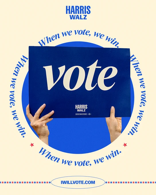 Graphic featuring a pair of hands holding up a blue poster with the word 'VOTE' in a blue circle. The background is adorned with the text 'When we vote, we win' and the website 'IWillVote.com' at the bottom.