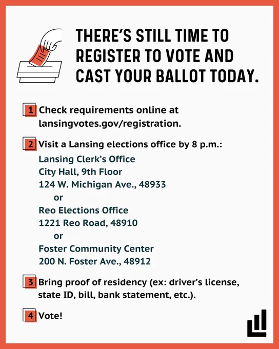 Graphic from the City of Lansing that reads, "There's still time to register to vote and cast your ballot today. Check requirements online at lansingvotes.gov/registration. Visit a Lansing elections office by 8pm: Clerk's Office in City Hall, the Reo Elections Office at 1221 Reo Road, or Foster Community Center at 200 Foster Ave. Bring proof of residency, like a driver's license, state ID, bill, or bank statement. Vote!"