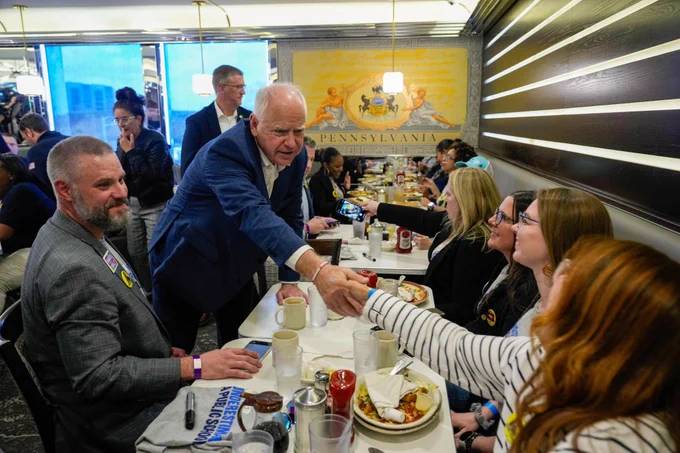 Governor Walz shakes hands with supporters at Capitol Diner in Harrisburg, Pennsylvania.