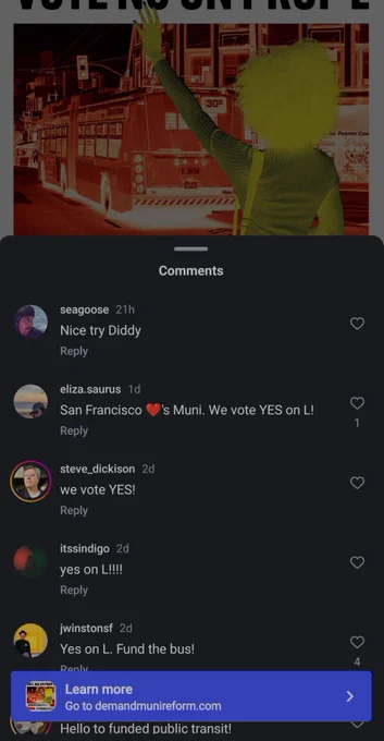 Screenshot of a No on L instagram ad with comments overlaid. Comments say: "Nice try Diddy," "San Francisco loves Muni. We vote YES on L!", "we vote YES!", "yes on L!!!!", "Yes on L. Fund the bus!", and "Hello to funded public transit!"