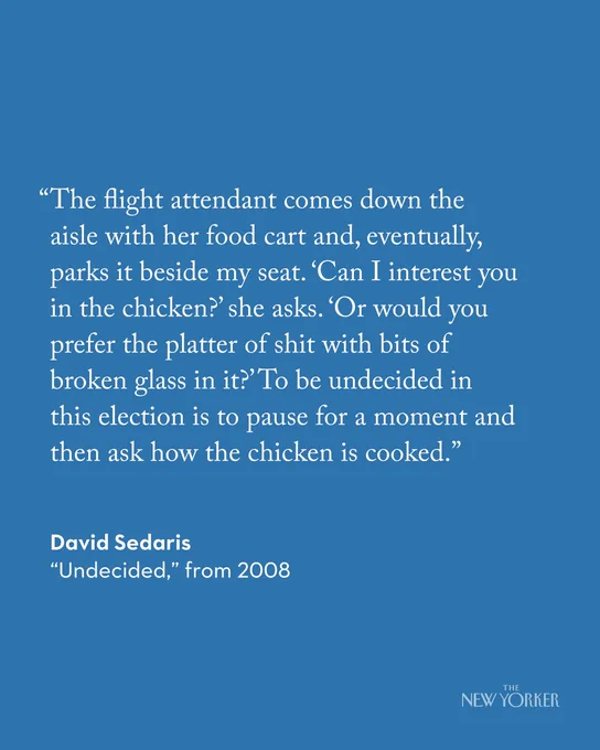 An excerpt from “Undecided,” by David Sedaris, that reads, “The flight attendant comes down the aisle with her food cart and, eventually, parks it beside my seat. ‘Can I interest you in the chicken?’ she asks. ‘Or would you prefer the platter of shit with bits of broken glass in it?’ To be undecided in this election is to pause for a moment and then ask how the chicken is cooked.”