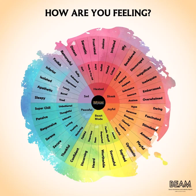 How Are You Feeling? 

BEAM Feelings Wheel wellness tool used to identify feelings divided by categories in vibrant colors.