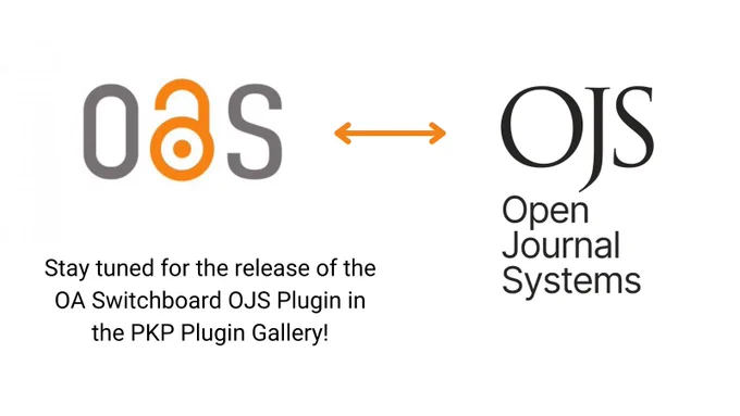OA Switchboard logo with bidirectional arrow to and from OJS logo representing interoperability. Main message is to stay tuned for the release of the OA Switchboard OJS Plugin in the PKP Plugin Gallery. 