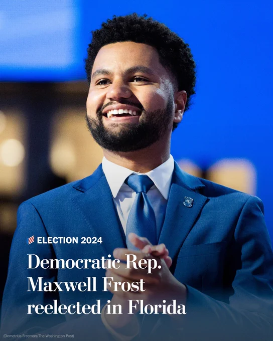 Rep. Maxwell Frost (D-Fla.) during the final day of the Democratic National Convention at the United Center in Chicago, IL on Thursday, August 22, 2024. The text reads, "Democratic Rep. Maxwell Frost reelection in Florida." Photo by Demetrius Freeman for the Washington Post.